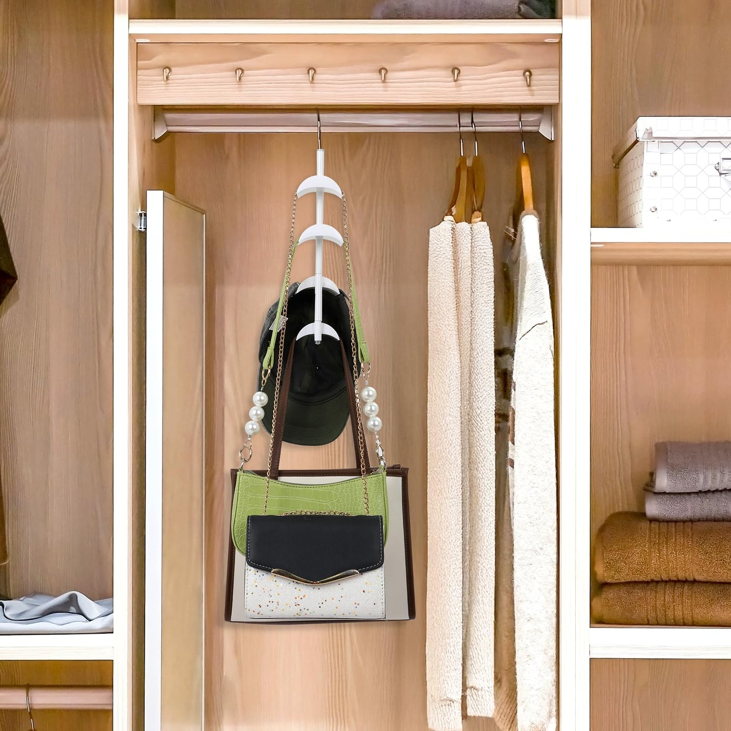 Dimeho 4 Pcs Purse Hanger for Closet, Hanging Bag Holder 360°Rotatable Handbag Hook Space Saving Bags Storage Metal Backpack Rack Purses White Tote Bag Hanging Organizer for Closet