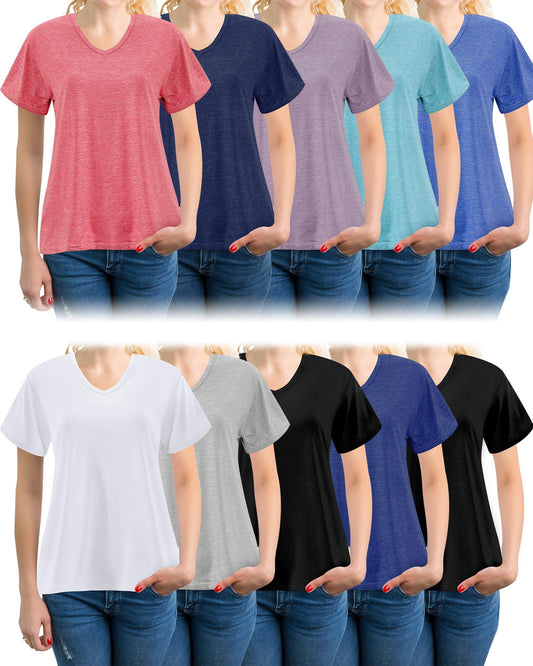 Taiyin 10Pcs Women's Dry Fit T Shirts V Neck Short Sleeve Lightweight Shirts Tee for Workout Athletic Yoga Gym Hiking Running (Dark Colors,XL)