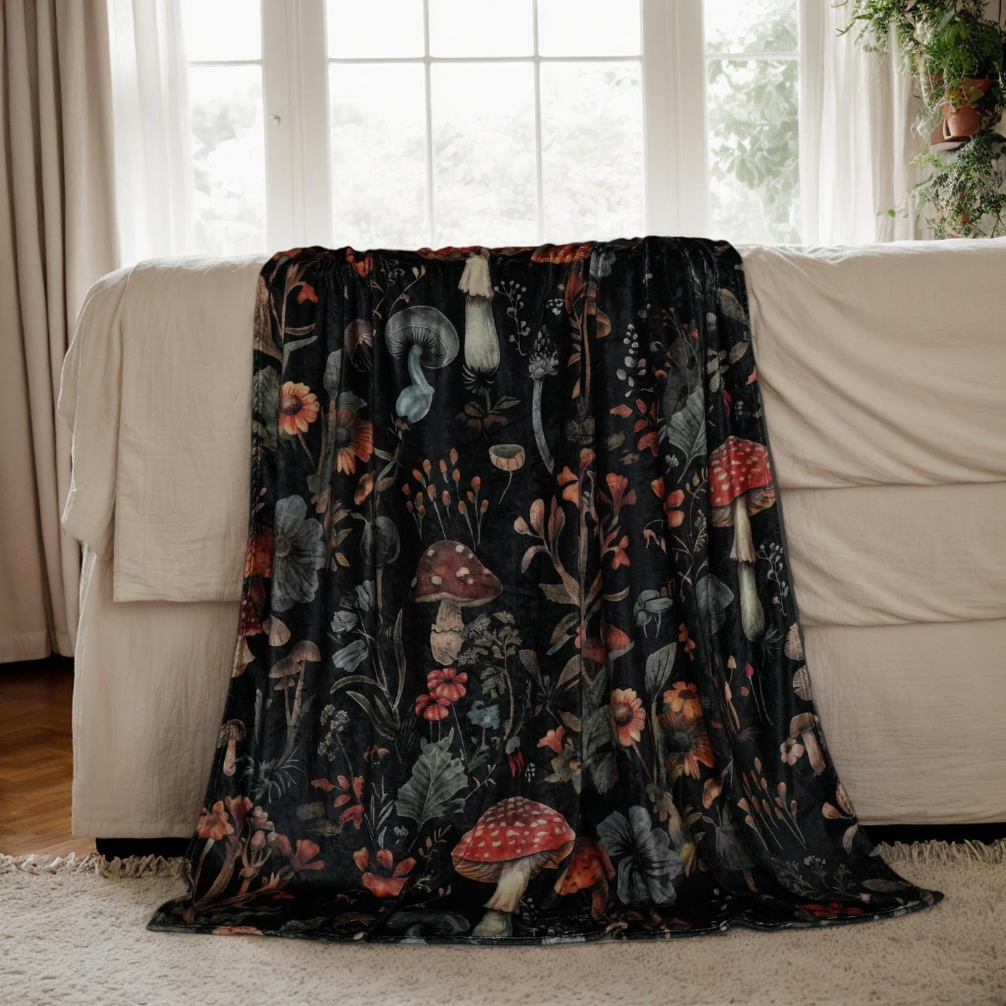 SERYULL Mushroom Throw Blanket,Cute Fluffy Cozy Fleece Blanket for Couch or Bed, Super Soft Birthday Gift for Women,Kids, Black 50x60 inches