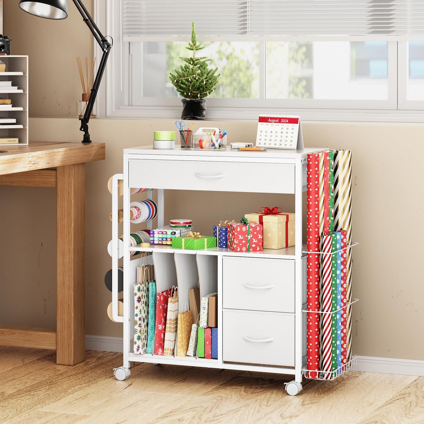 PUNLUXU Wrapping Paper Storage Cart, Rolling Gift Wrap Station with Ribbon and Gift Bag Storage, Wrapping Paper Organizer Holder, Craft Organizers and Storage, Craft Storage Cart 03 Patent Protected