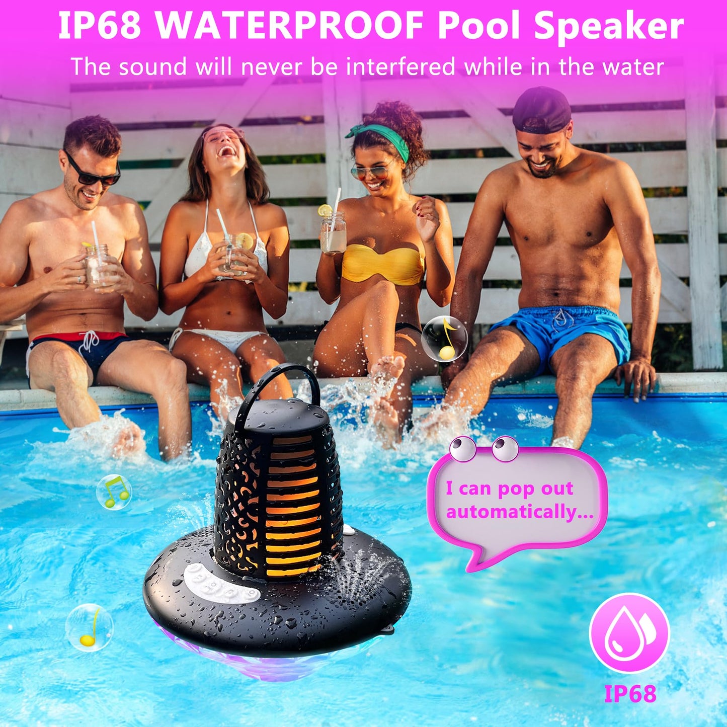 KingSom Floating Pool Speaker,Bluetooth Pool Speaker with LED Flame Light and RGB Light,IP68 Waterproof Bluetooth Speakers,Loud Stereo Sound,TWS Pairing,Built-in Mic,Hot Tub Speakers,Black