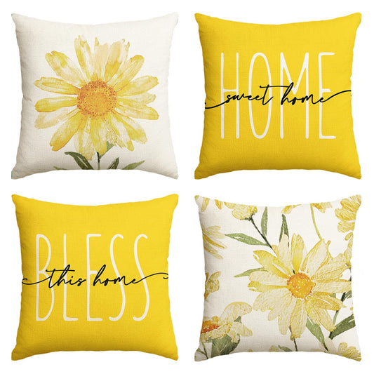 AVOIN colorlife Home Sweet Home Spring Summer Flowers Yellow Throw Pillow Covers, 18 x 18 Inch Cushion Case for Sofa Couch Set of 4