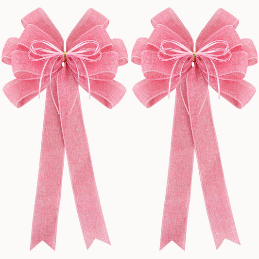 RIBBOOO 2 Pack Pink Christmas Tree Bows 12x20inch Large Burlap Wreath Bow with Glitter String for Christmas Tree Topper,Home Front Door Decor,Easter Bow, Valentines and Party Decor