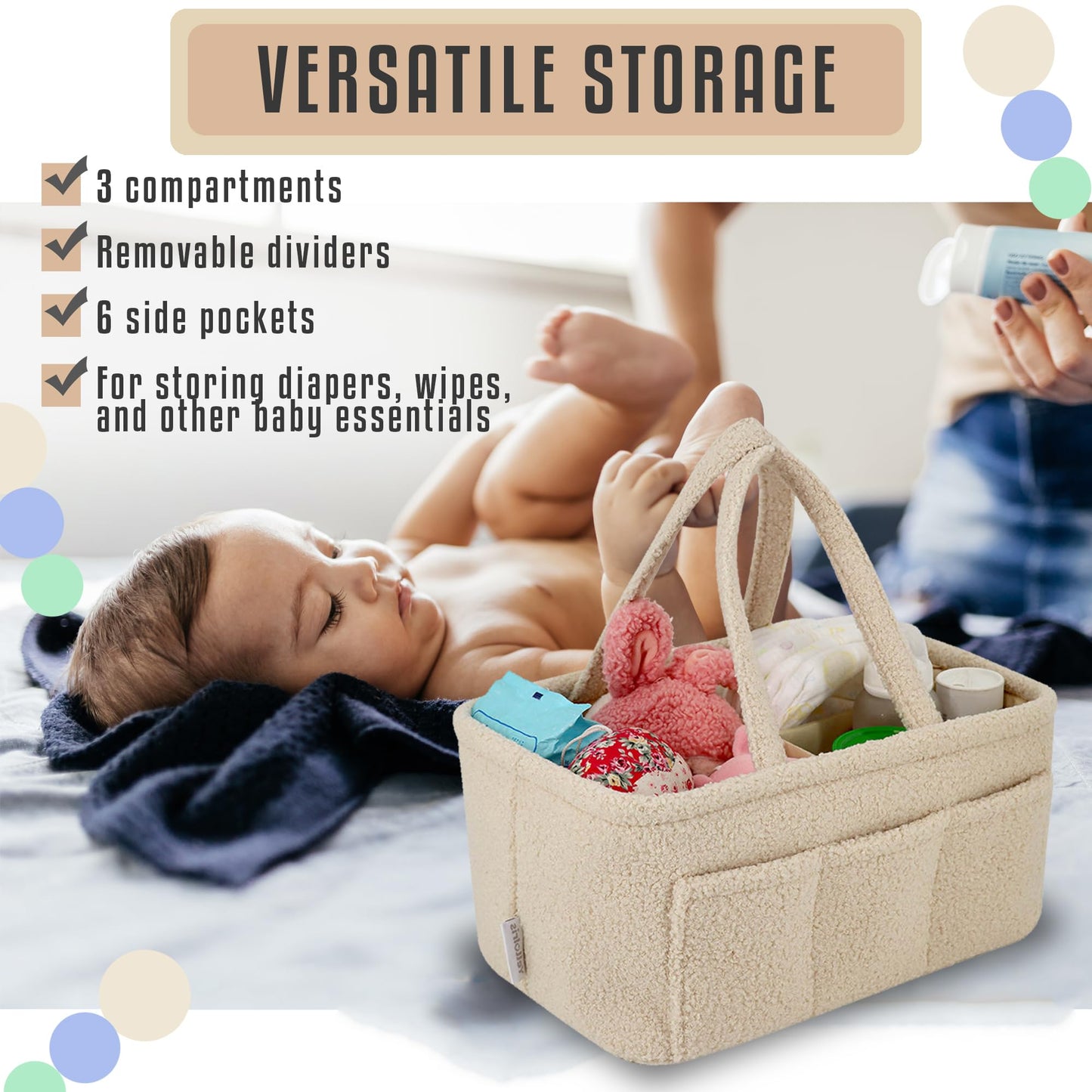YelloIris Baby Diaper Caddy Organizer – Soft Beige Sherpa with 3 Removable Compartments & 6 Side Pockets – Perfect Nursery Storage Bin & Car Organizer for Diapers, Baby Wipes, and Essential Supplies.