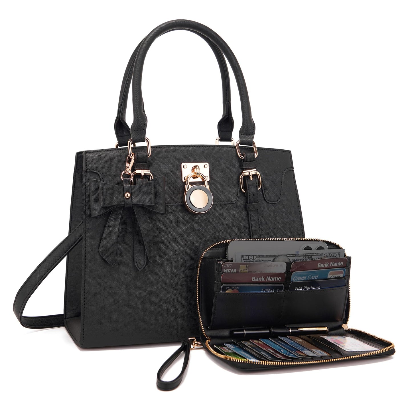 Qiyuer Women Purses And Handbags Set Ladies Top Handle Satchel Tote Shoulder Work Bag With Matching Clutch Wallet 2PCS Black