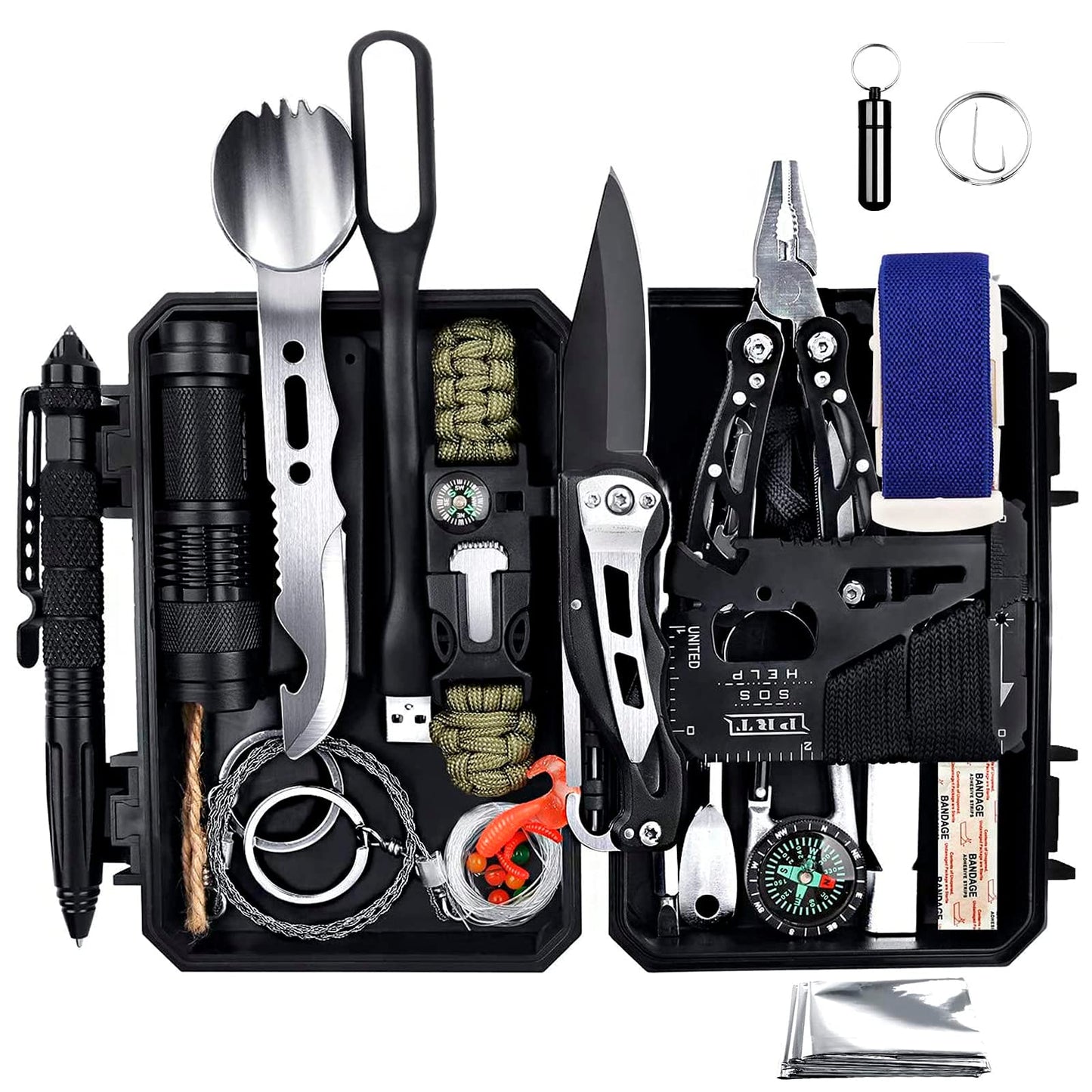 Emergency Survival Gear Kits 60 in 1, Outdoor Survival Tool with Emergency Bracelet Whistle Flashlight Pliers Pen Wire Saw for Camping, Hiking, Climbing,Car