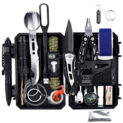 Emergency Survival Gear Kits 60 in 1, Outdoor Survival Tool with Emergency Bracelet Whistle Flashlight Pliers Pen Wire Saw for Camping, Hiking, Climbing,Car