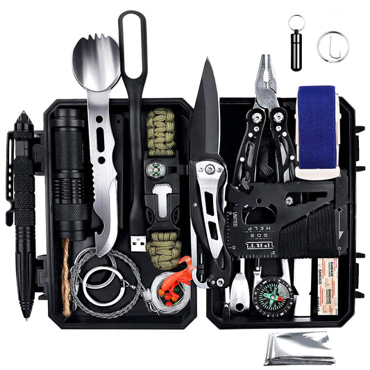 Emergency Survival Gear Kits 60 in 1, Outdoor Survival Tool with Emergency Bracelet Whistle Flashlight Pliers Pen Wire Saw for Camping, Hiking, Climbing,Car