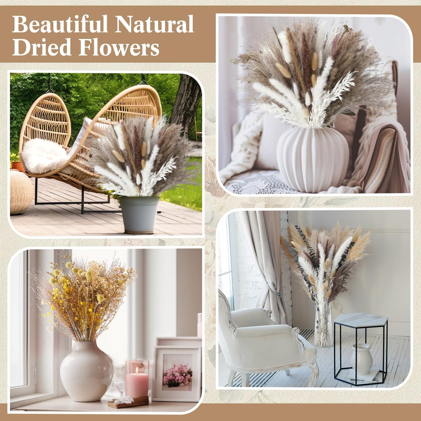 Nuanchu 703 Pcs Dried Pampas Grass Decor Boho Flower Bouquet Bulk with Bunny Tails, Reed Grass for Wedding Home Table Rustic Farmhouse Party Office(Retro Style)