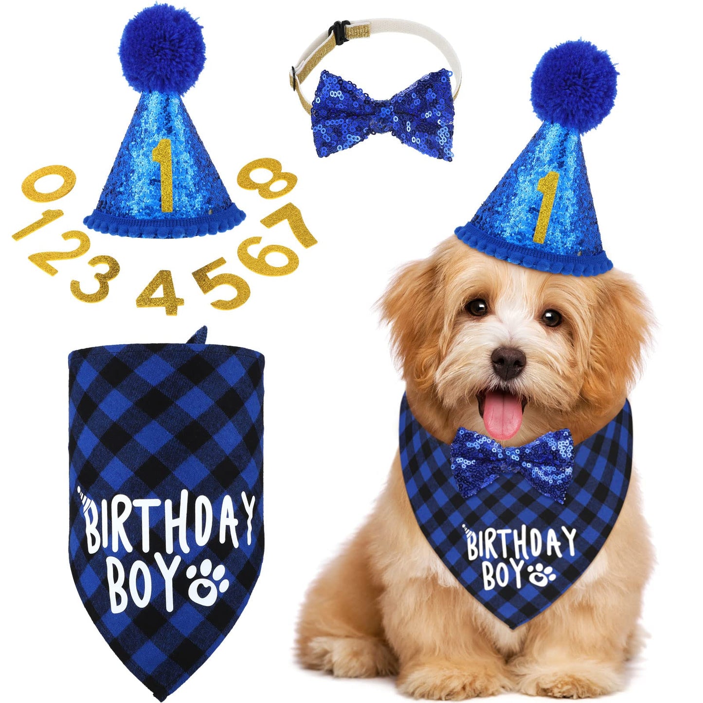 Weewooday Dog Birthday Party Supplies Birthday Boy Girl Cake Bandana Triangle Scarf Party Hat Dog Bow Tie Collar with Numbers for Large Medium Small Dog Puppy 1st Birthday(Elegant Style,Medium)