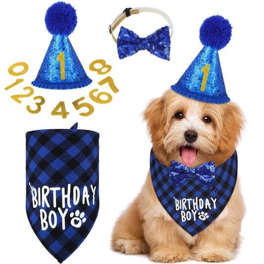 Weewooday Dog Birthday Party Supplies Birthday Boy Girl Cake Bandana Triangle Scarf Party Hat Dog Bow Tie Collar with Numbers for Large Medium Small Dog Puppy 1st Birthday(Elegant Style,Medium)