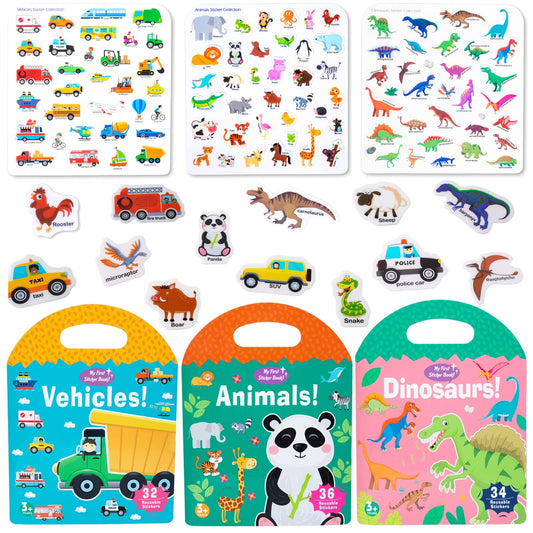 3 Pack Portable Jelly Sticker Quiet Book for Kids, Reusable Sticker Book for Toddlers, Preschool Learning Activities Learning & Education Toys, Animal Dinosaur Vehicle Travel Toys
