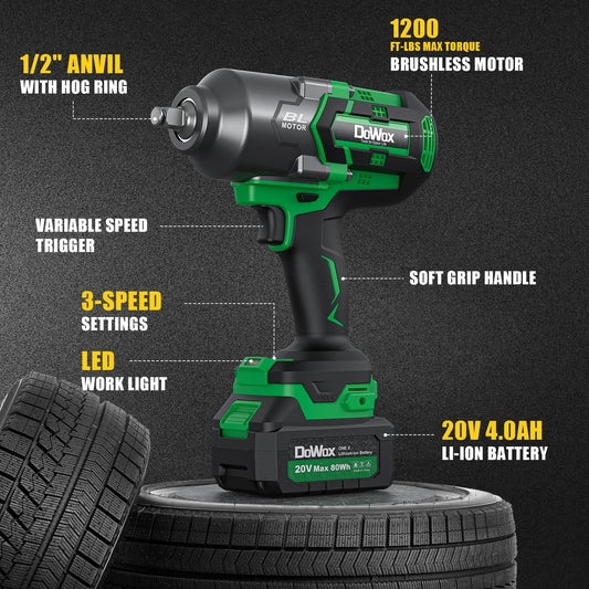 DOWOX Cordless Impact Wrench 1/2 Inch, High Torque 1200 Ft-lbs Brushless Impact Gun, 20V Power 4.0 Ah Battery, Fast Charger, 5 Pcs Sockets and Tool Box Kit