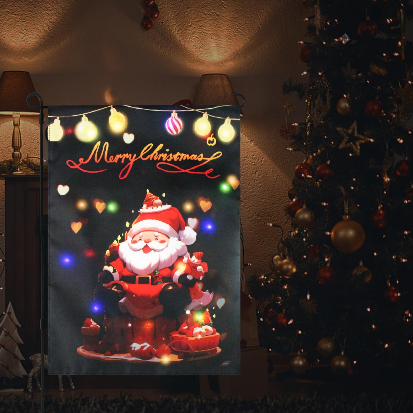 RedFinches Lighted Christmas Garden Flag, Christmas Garden Flag, 12×18 inch Led Christmas Yard Flag, Double Sided Christmas Santa Claus Garden Flag for Outside Yard Garden Lawn Decoration