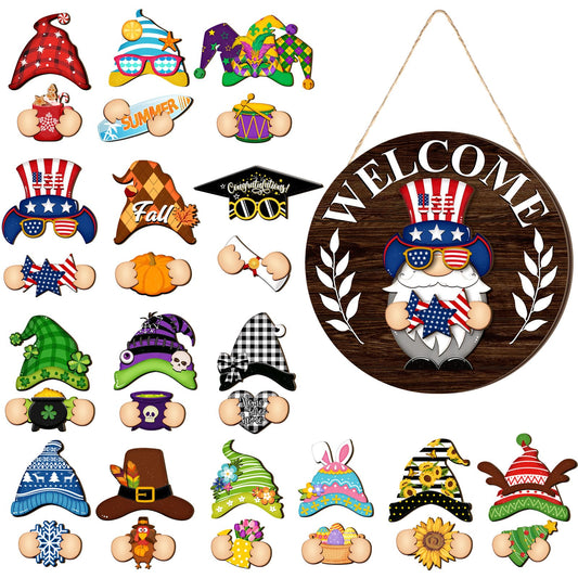 Qunclay Interchangeable Wooden Gnome Decor Holiday Seasonal Gnome Decorations with Magnet Pieces and Detachable Hats Changeable Welcome Sign for Home (Elegant Style)