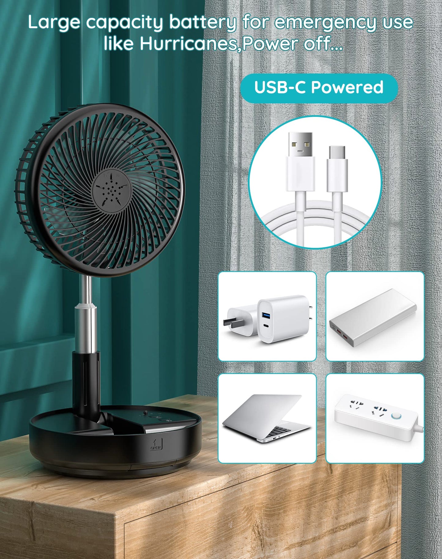 Primevolve Portable Oscillating Standing Fan,Rechargeable Battery Operated USB Floor Table Desk Fan with Remote, Bedroom Camping Travel Fans Black 7.7"