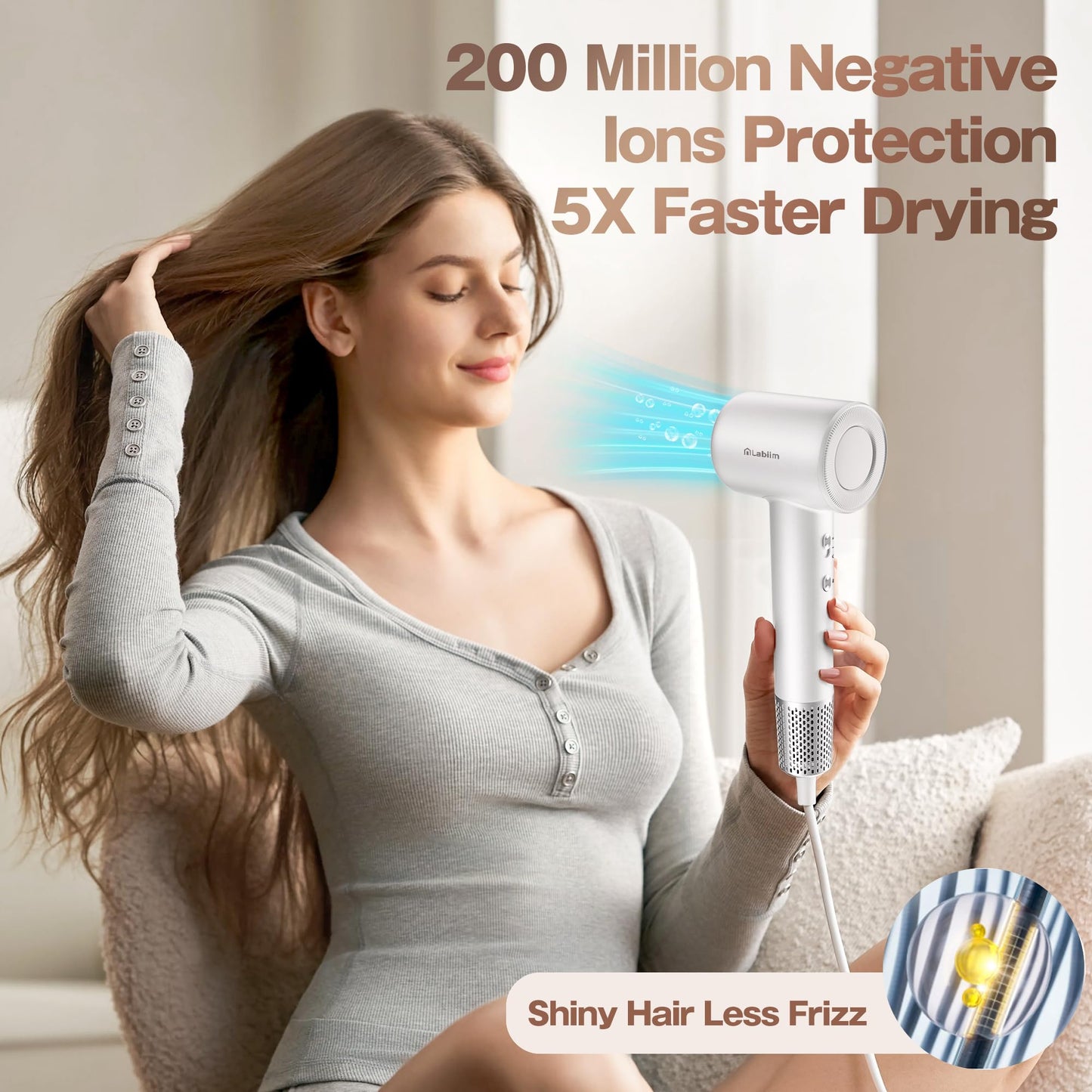 Labiim Hair Dryer, High-Speed Ionic Low Noise Blow Dryer with Brushless Motor for Fast Drying, Thermo-Control Quiet Compact Hair Blow Dryer, Hairdryer with 1 Nozzle Attachments for Home Salon Travel