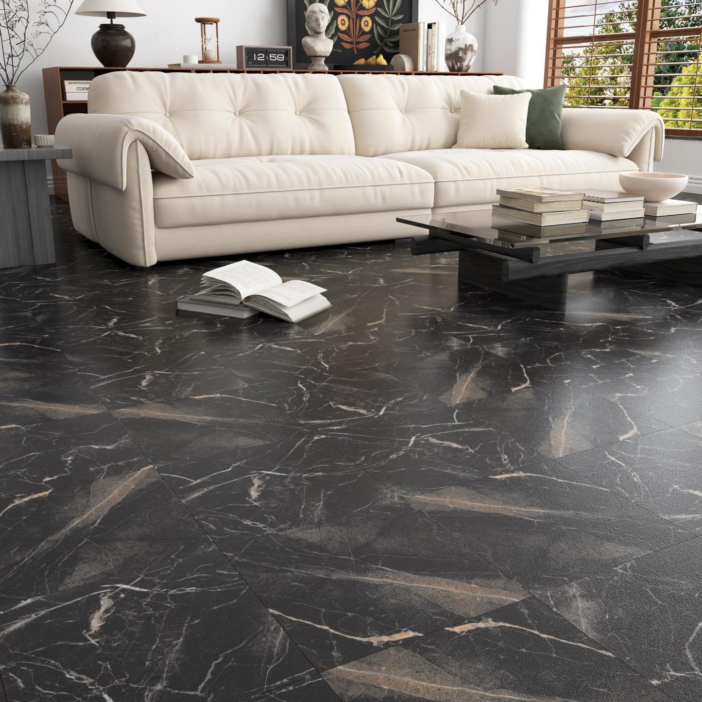 Decotalk 30-Sheet Peel and Stick Flooring Tile Floor Black Floor Tile for Bathroom Kitchen 12x12 Inch Black Marble Tile Floor Shower Floor Tile Self Adhesive Floor Tile Vinyl Peel and Stick Floor Tile