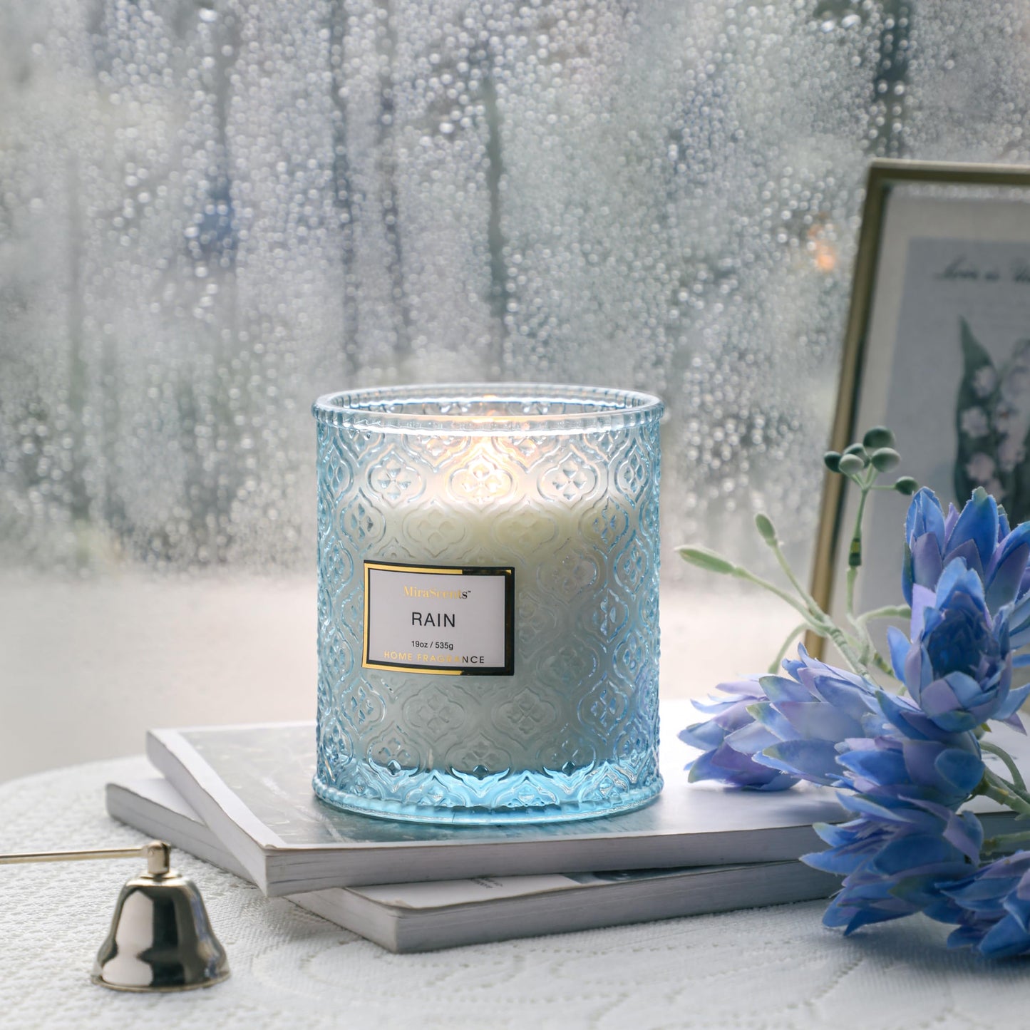 Rain Summer Scented Candles, 19oz Aromatherapy Candles Gifts for Women, Blue Luxury Large Decorative Candles in Glass, Natural Soy Wax for Home