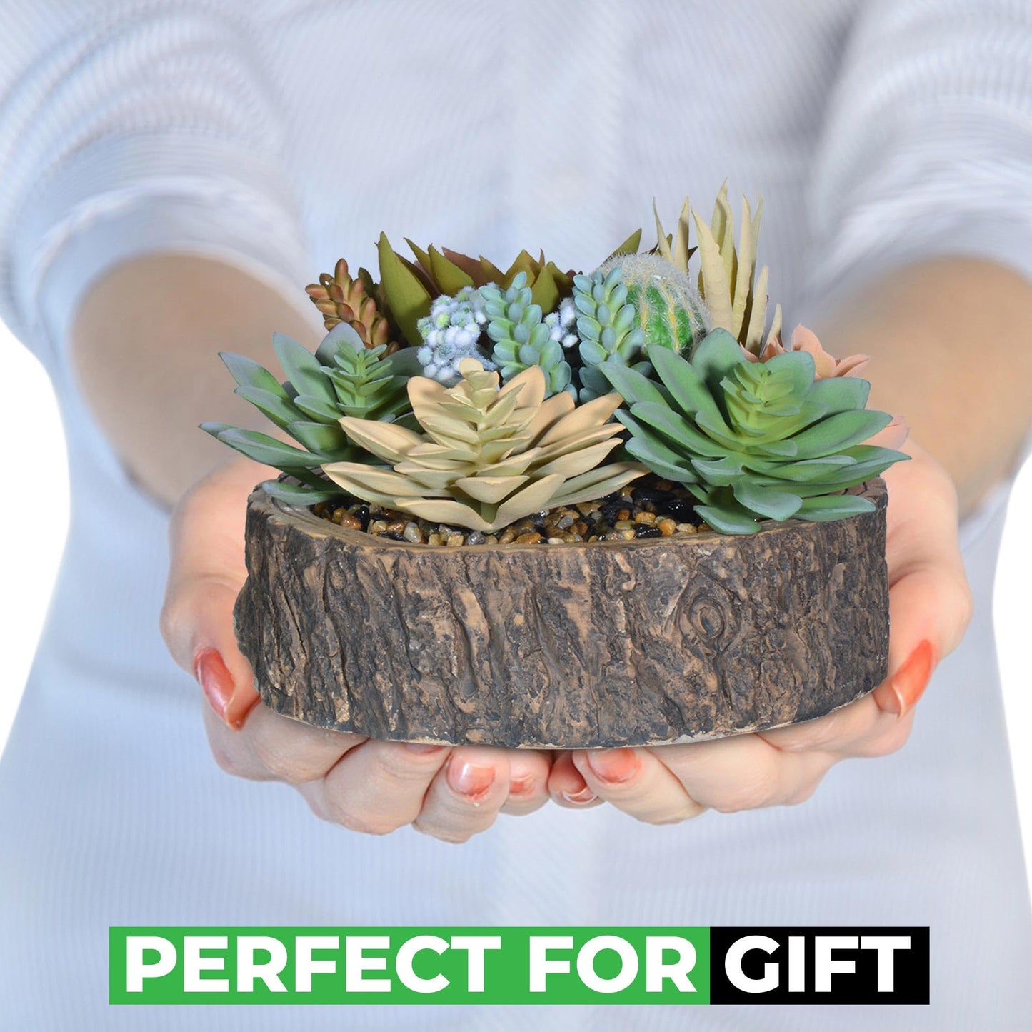 Hisow Premium Assorted Artificial Succulent Collection - Large Real Touch Artificial Cactus, Aloe Vera & Succulent Plants Artificial with Pots for Home Office Indoor (Artificial Tree Stump - Pot)