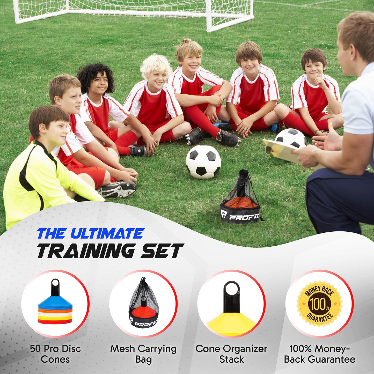 Pro Disc Cones (Set of 50) - Agility Soccer Cones with Carry Bag and Holder for Sports Training, Football, Basketball, Coaching, Practice Equipment, Kids - Includes 15 Best Drills Book (Bright Orange)