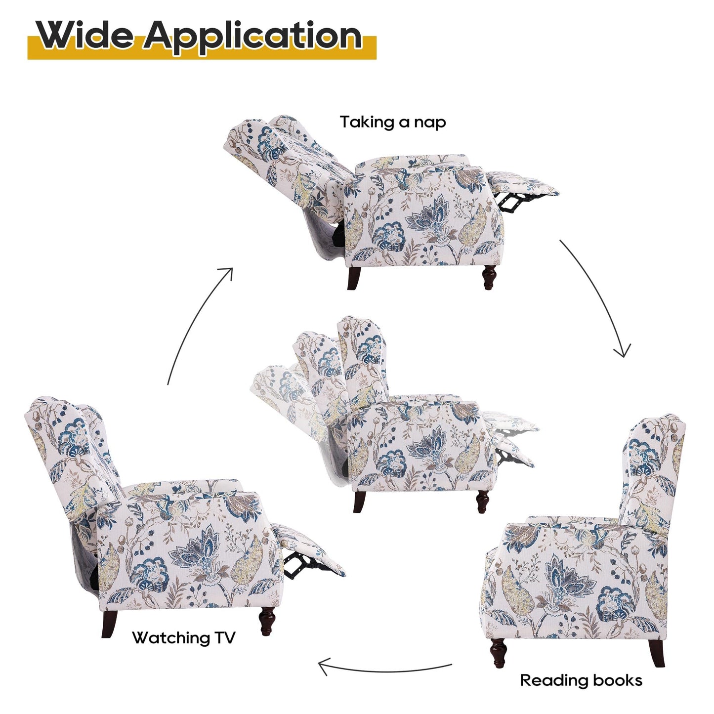 GUEAPY Mid Century Modern Wingback Recliner Chair for Adults, Push Back Upholstered Accent Chair with Floral Fabric, Manual Reclining Armchair for Living Room, Bedroom, Reading Corner (Blue Botanical)