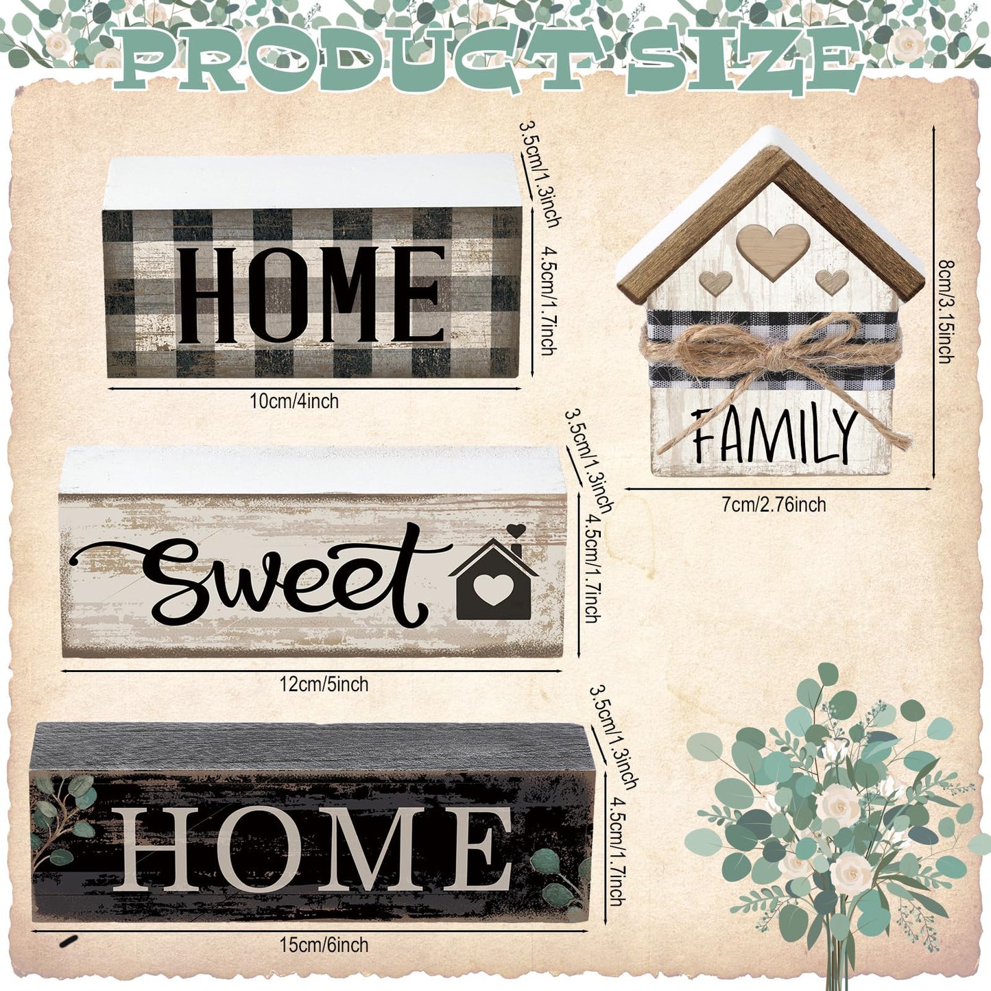 Moucuny 4 Pcs Farmhouse Wooden Tabletop Decor Sweet Home Tiered Tray Decor Rustic Retro Wood House Shaped Block Sign Housewarming Gifts Neutral Centerpiece Farmhouse Table Sign for Home Shelf Mantle