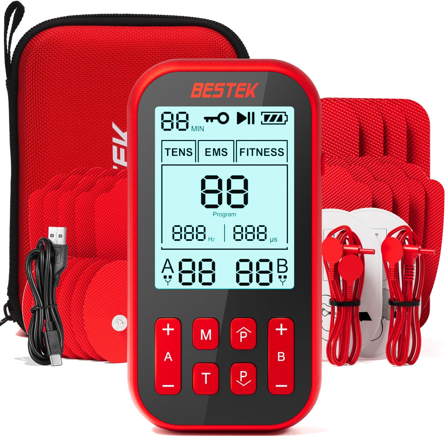 BESTEK 3-in-1 TENS Unit Muscle Stimulator, Dual Channel Rechargeable TENS Machine Massager with 60 Programs for Pain Relief, 20 Intensities, 20pcs TENS Unit Electrode Pads, Dust-Proof Storage Bag