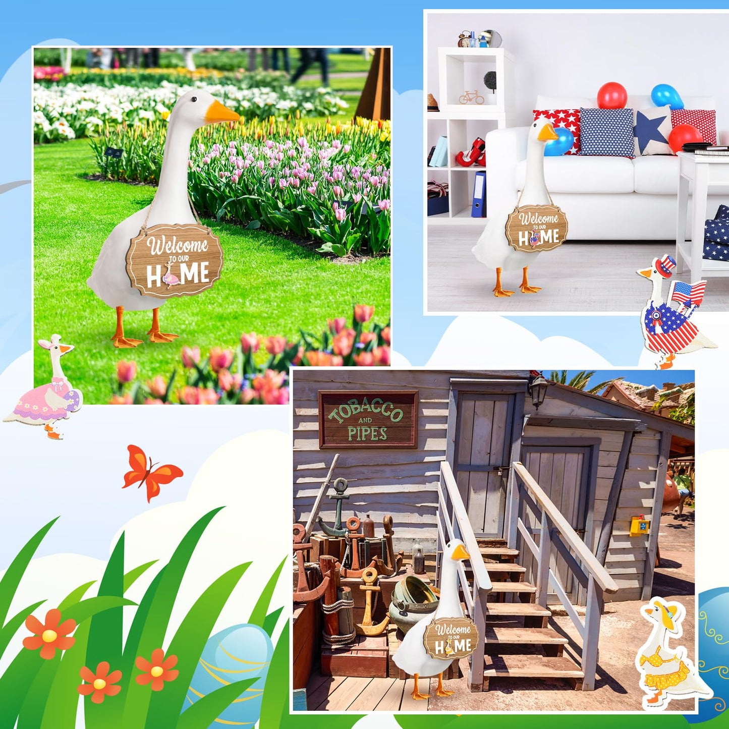 Memorywuu 16 Pcs Interchangeable Porch Goose Welcome Sign Seasonal Holiday Goose Sign with Wooden Holiday Geese Magnetic for 23"Cement Plastic Porch Geese Outdoor Statue Patio(Brown,Oval)