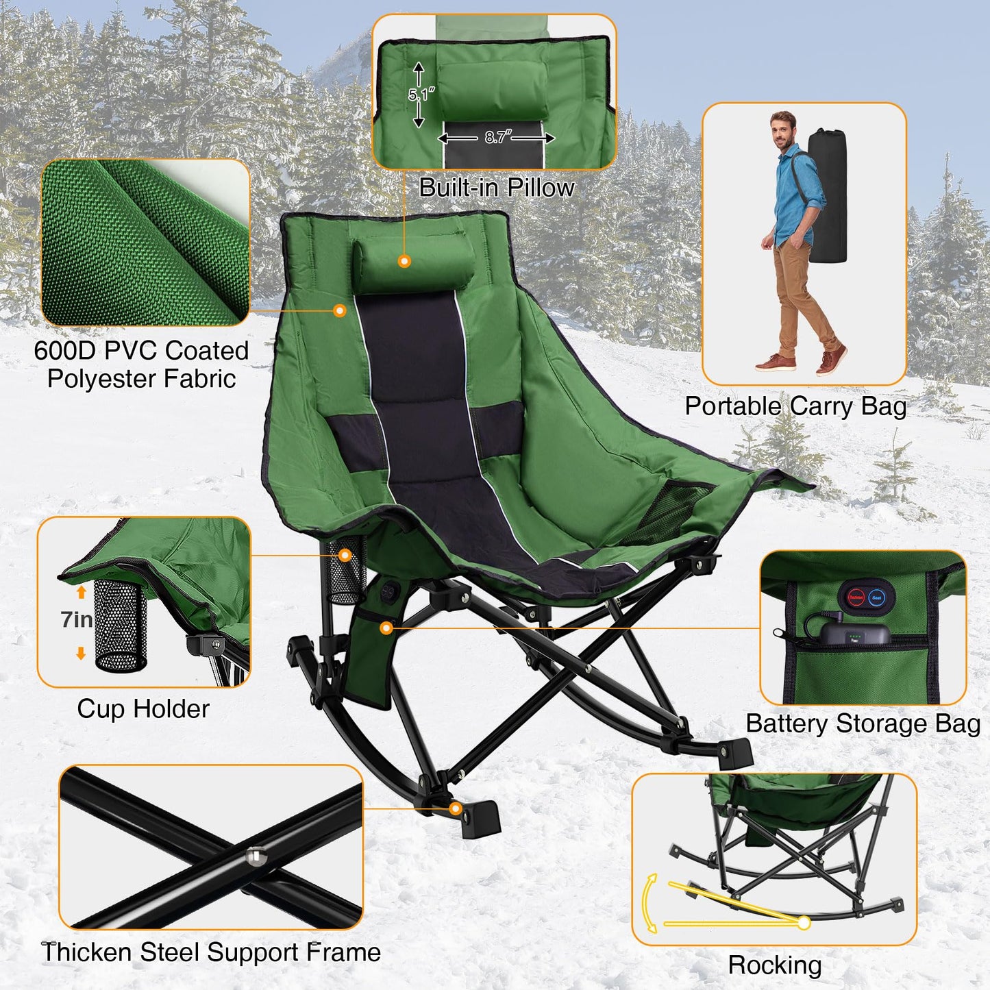 Slendor Oversized Rocking Camping Chair, Heated Camping Chair with 3 Heat Levels, Portable Outdoor Rocker Chair, High Back, Pillow, Carry Bag, Padded, Supports 330 lbs, Green