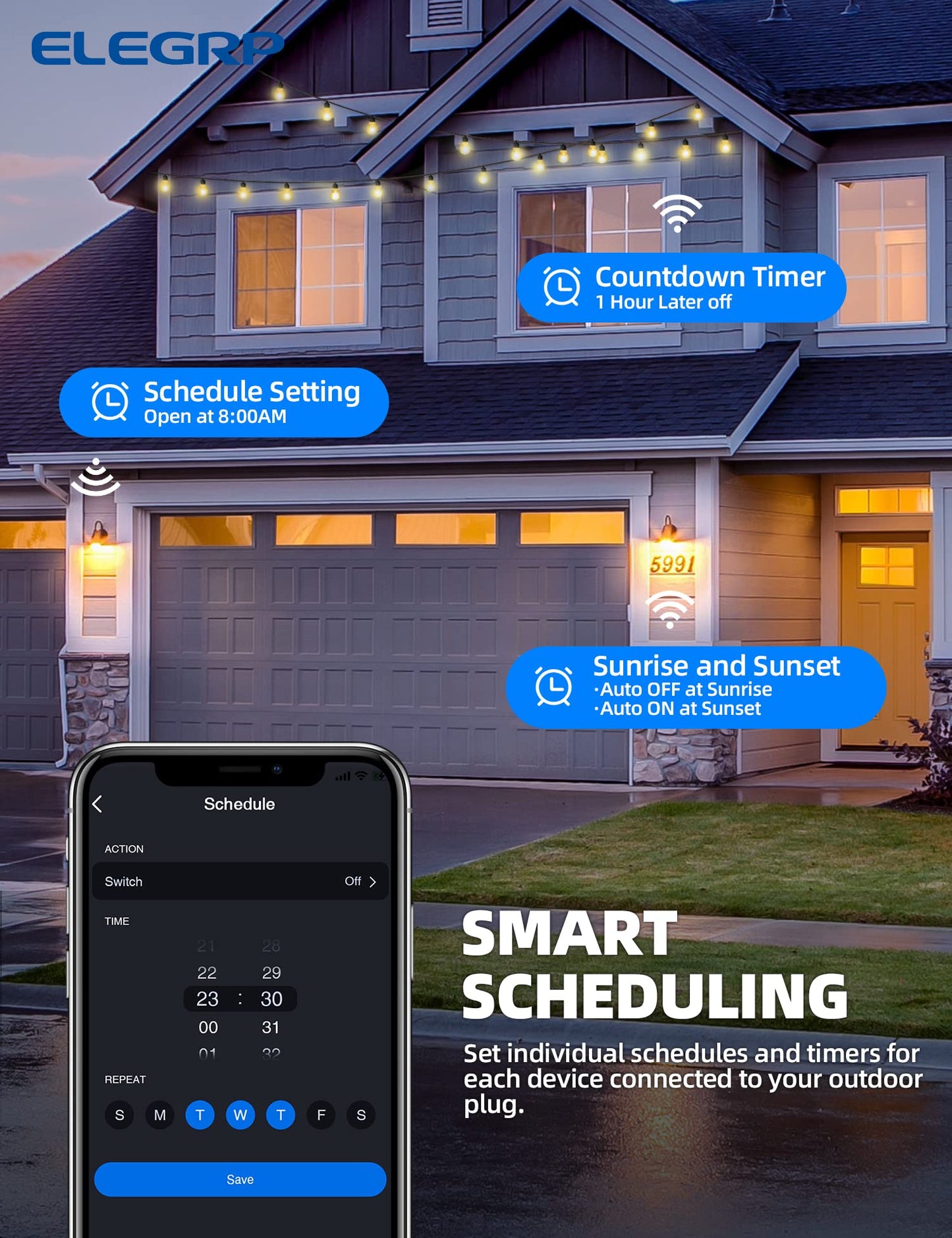 ELEGRP PQR20 Outdoor Smart Plug Waterproof IP66, WiFi Plug with 2 Individually Sockets, Compatible with Alexa & Google Assistant, Smart Outdoor Outlet for String Lights, UL Certified, 1 Pack, Black