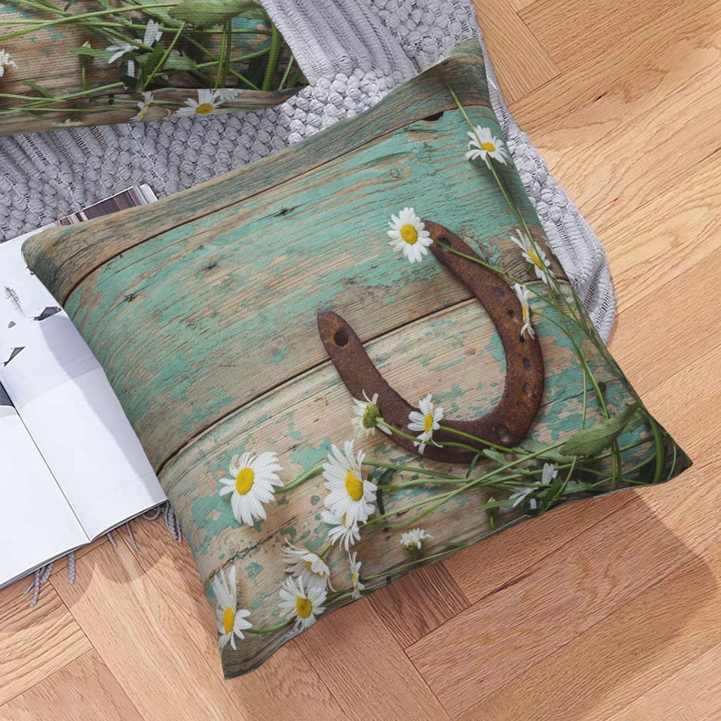 VIREOTHIA Teal Wooden Country Pillow Covers 18x18 Set of 2 Rustic Decorative Throw Pillow Cover Western Horseshoe Daisy Square Pillowcases Cushion Covers for Couch Bed Sofa Decor