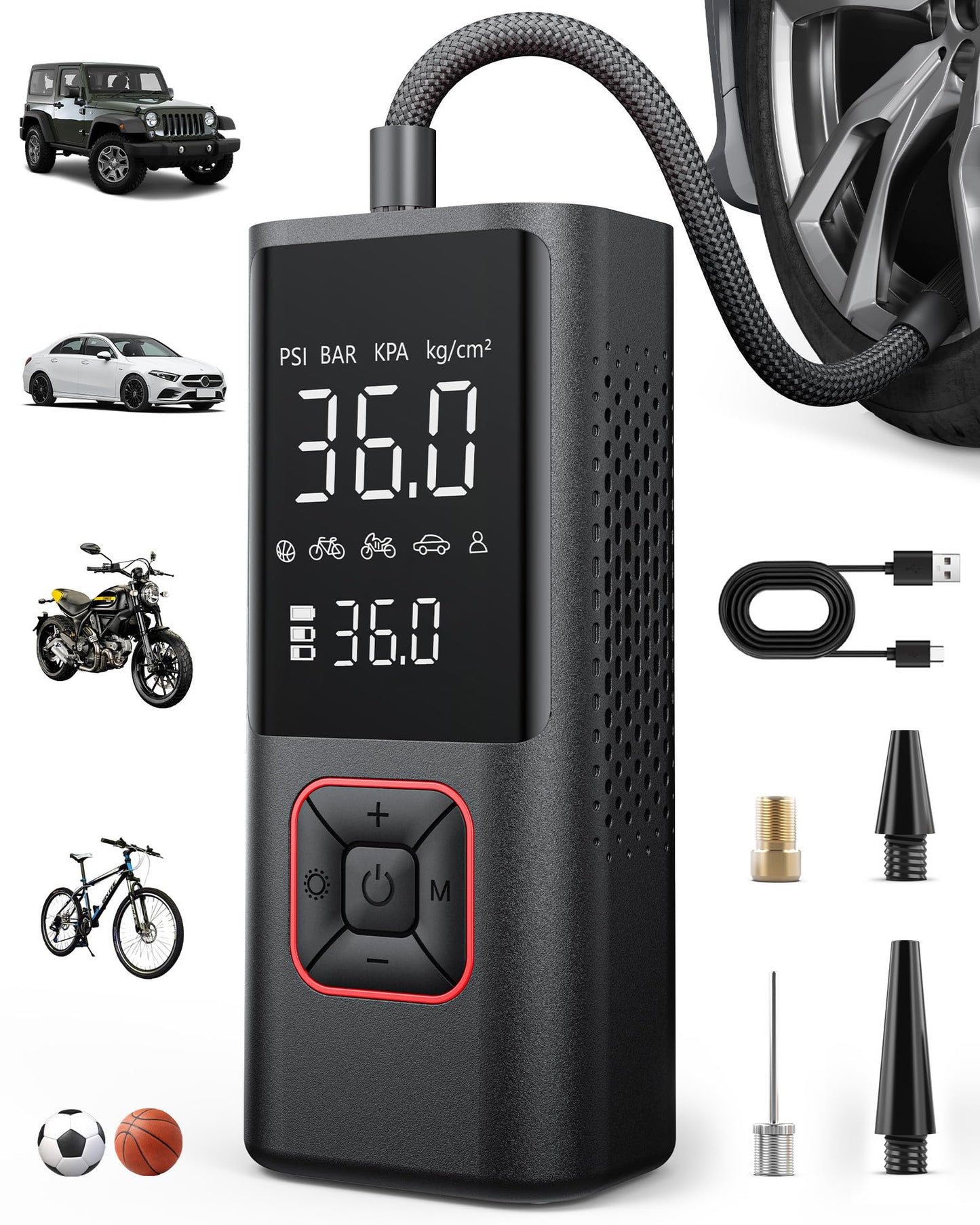 Cordless Tire Inflator Portable Air Compressor - 150PSI Air Pump with Auto Shutoff Function for Car Tires, Inflatables, Motorcycle, Balls, Compact Bike Tire Pump with LED Light, Red, Large