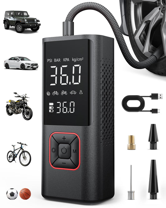 Cordless Tire Inflator Portable Air Compressor - 150PSI Air Pump with Auto Shutoff Function for Car Tires, Inflatables, Motorcycle, Balls, Compact Bike Tire Pump with LED Light, Red, Large