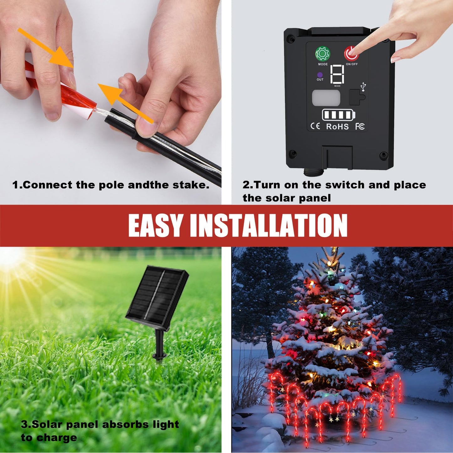 Bstge 10 Pcs Solar Christmas Candy Cane Lights with 8 Modes, Waterproof Garden Pathway Lights for Outdoor Xmas Patio Yard Walkway Decorations