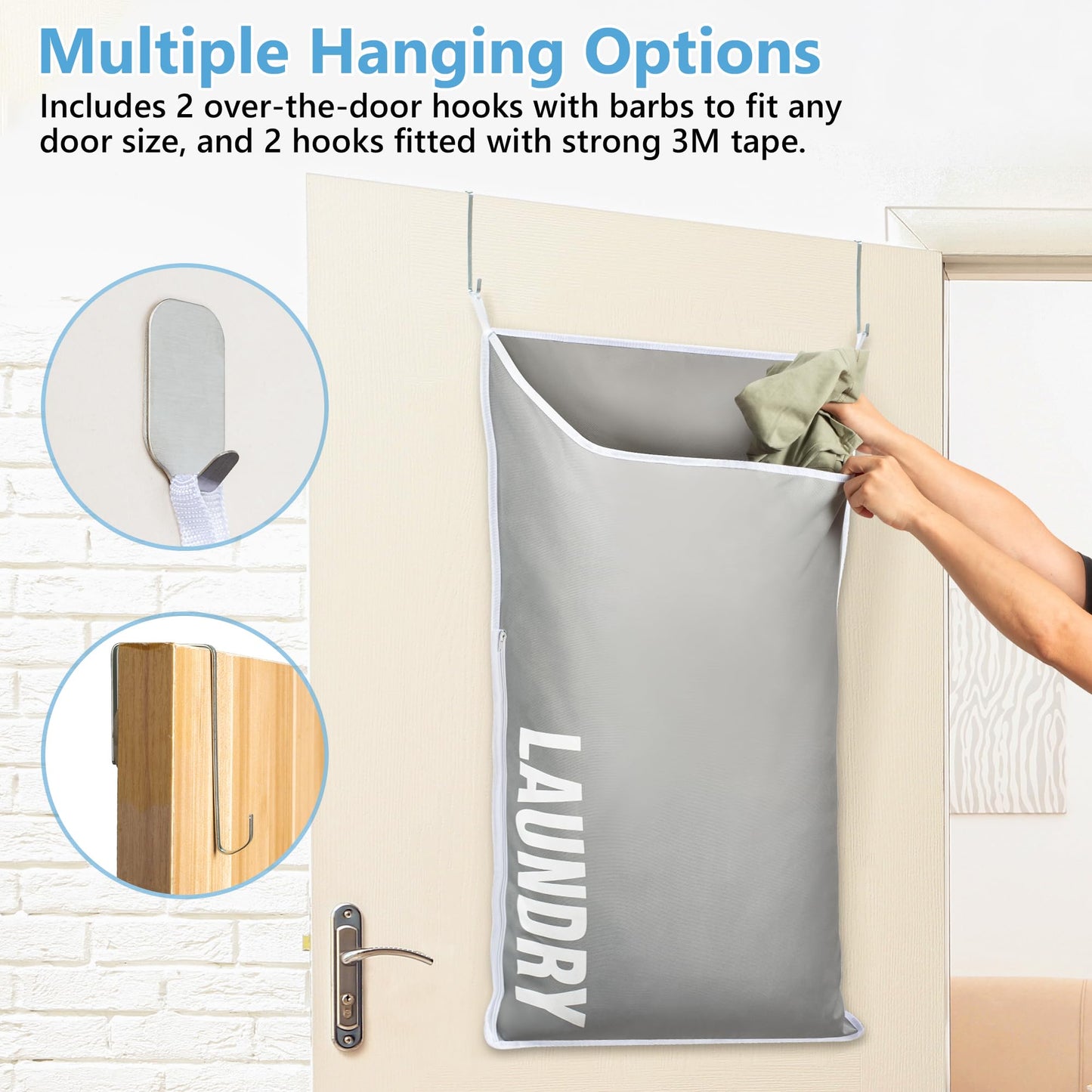 DONAQ Hanging Laundry Hamper Bag XL 40x22", Space Saving over the Door Storage Bags, Behind the Door Hampers for Dirty Clothes & Wall Mounted Basket for Bathroom, Organizer for Small Room Spaces RV