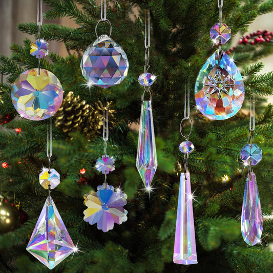 GuassLee Christmas Crystal Prism Ornaments for Tree - 8pcs AB Color Teardrop & Icicle Hanging Crystal Ornaments for Xmas Beads Chandeliers Suncatchers Christmas Tree Birthday Wedding Party Home Decor