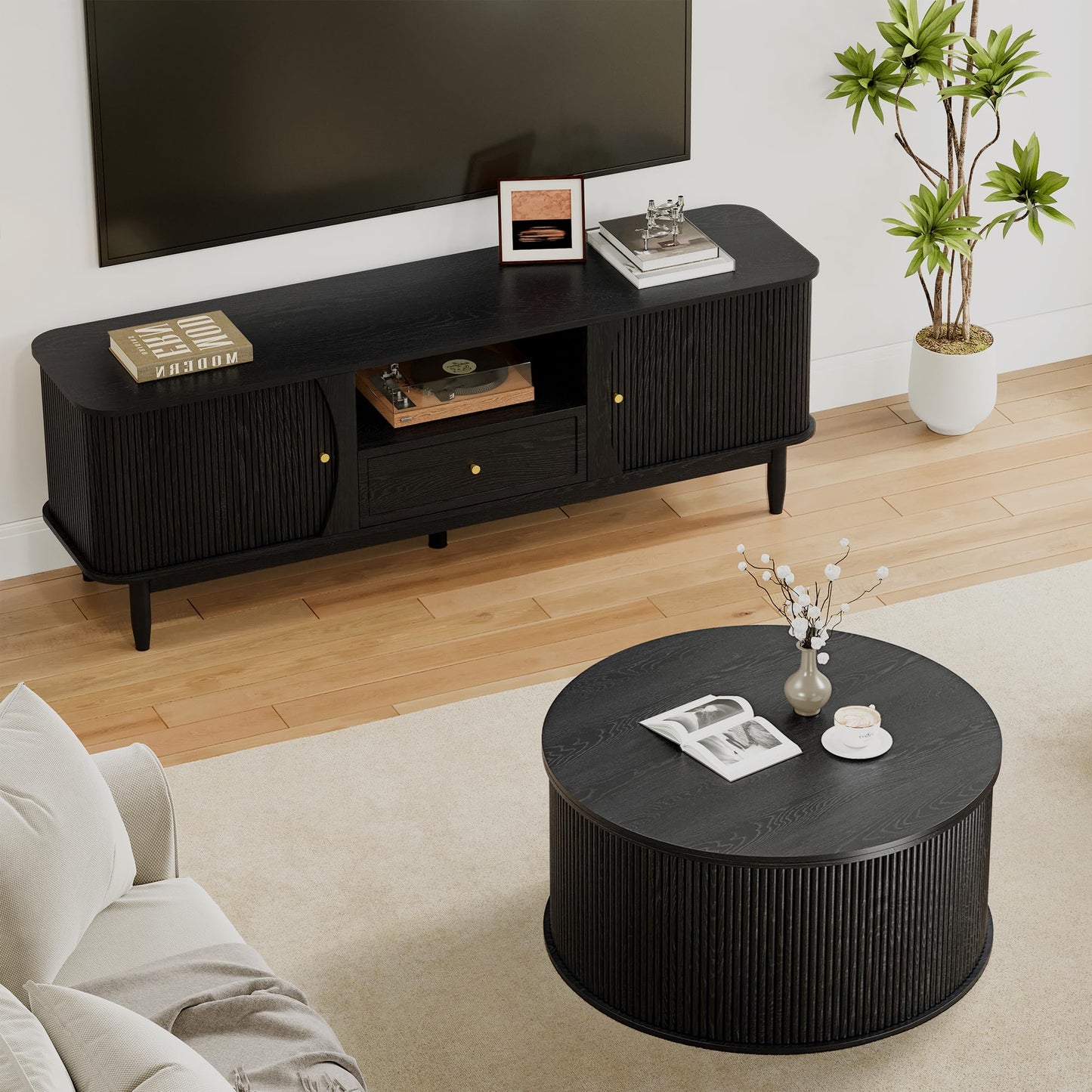 NVETHM Round Coffee Table, Lift Top Coffee Table with Storage, Farmhouse Fluted Center Table Circle Dining Table for Living Room, Reception Room, Home Office (Black)