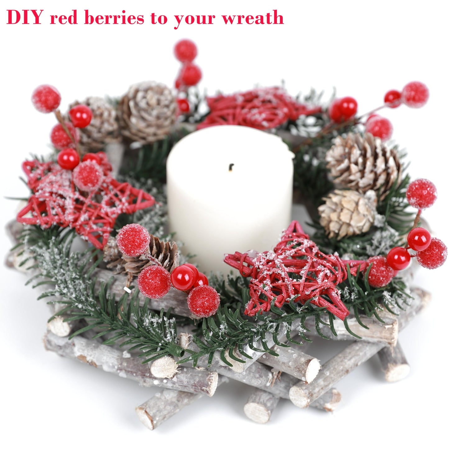 Lescli Frosted Red Berry Stems, 20 Pack Artificial Snowy Red Berry Picks Red Holly Berries for Christmas Tree Decor, DIY Wreaths, Crafts, Candle Rings, Garland, Gift Wrapping