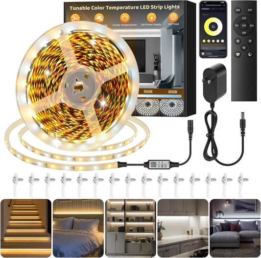 Tunable White LED Strip Light, Warm to Cool White,49.2ft Dimmable Bright LED Tape Lights with APP and Remote Control,3000K-6500K 24V Tape Light for Bedroom Home Lighting Mirror Kitchen Bar Cabinet