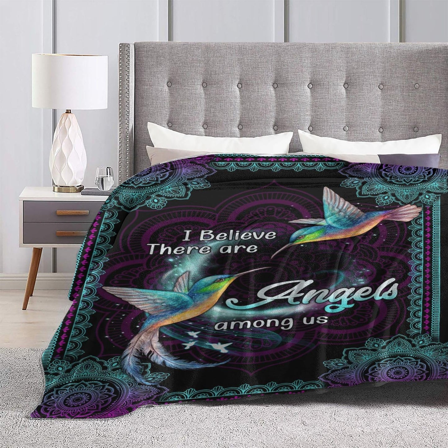 Hummingbird Blanket Heaven Hummingbird Throw Blanket I Believe Inspirational Blanket Gifts for Girls Boys Winter Bedding Super Warm Soft Plush Fleece Flannel Blanket for Kids Adults Men Women 50"X40"
