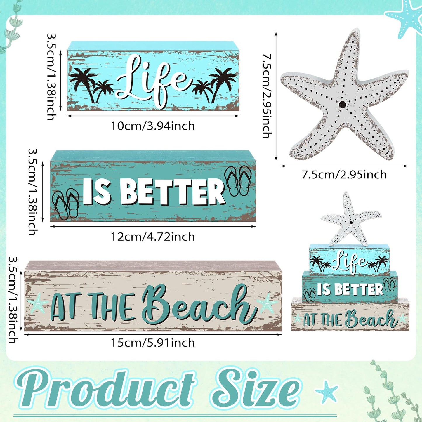 Geelin 4 Pcs Summer Table Decorations Ocean Life Better Wooden Block Signs Beach Theme Starfish Palm Slipper Tabletop Centerpieces Farmhouse Tiered Tray Decor for Home Table Kitchen Shelf