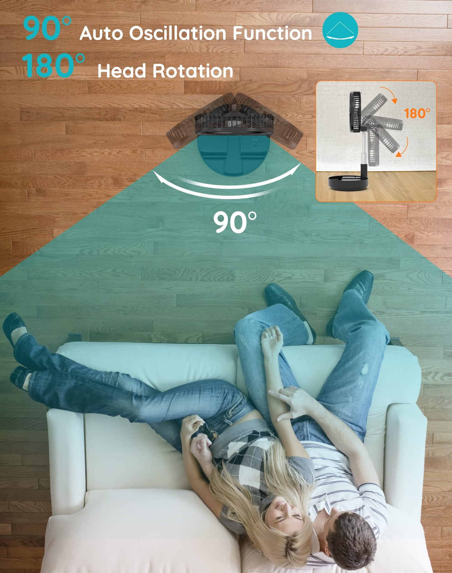 Primevolve Portable Oscillating Standing Fan,Rechargeable Battery Operated USB Floor Table Desk Fan with Remote, Bedroom Camping Travel Fans Black 7.7"