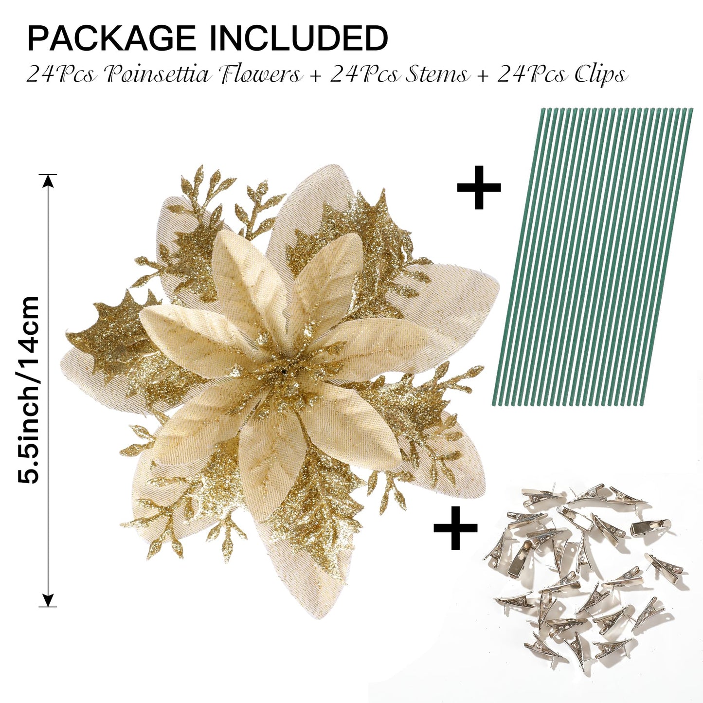 Kisflower 24PCS Poinsettia Artificial Flowers Gold Christmas Flower Decorations with Clips and Stems, Glitter Christmas Tree Ornaments for Xmas New Year Wedding Party (Gold)