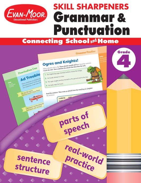 Evan-Moor Skill Sharpeners Grammar and Punctuation Workbook, Grade 4, Nouns, Verbs, Sentence Structure, Subject, Predicate, Language Handbook, Real-World Practice, Fun Activities, Homeschool, Practice