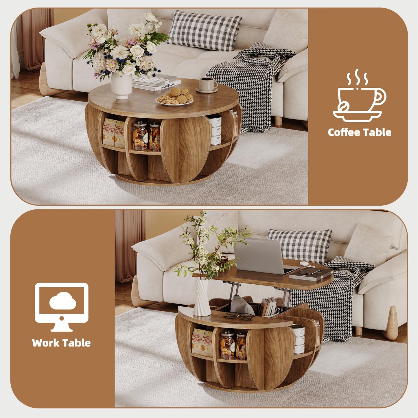 32.7" Lift Top Coffee Table with Storage, Wood Round Center Table with Hidden Storage Compartment & Shelves, Mid Century Modern Coffee Tables for Living Room Rustic Accent Small Center Table