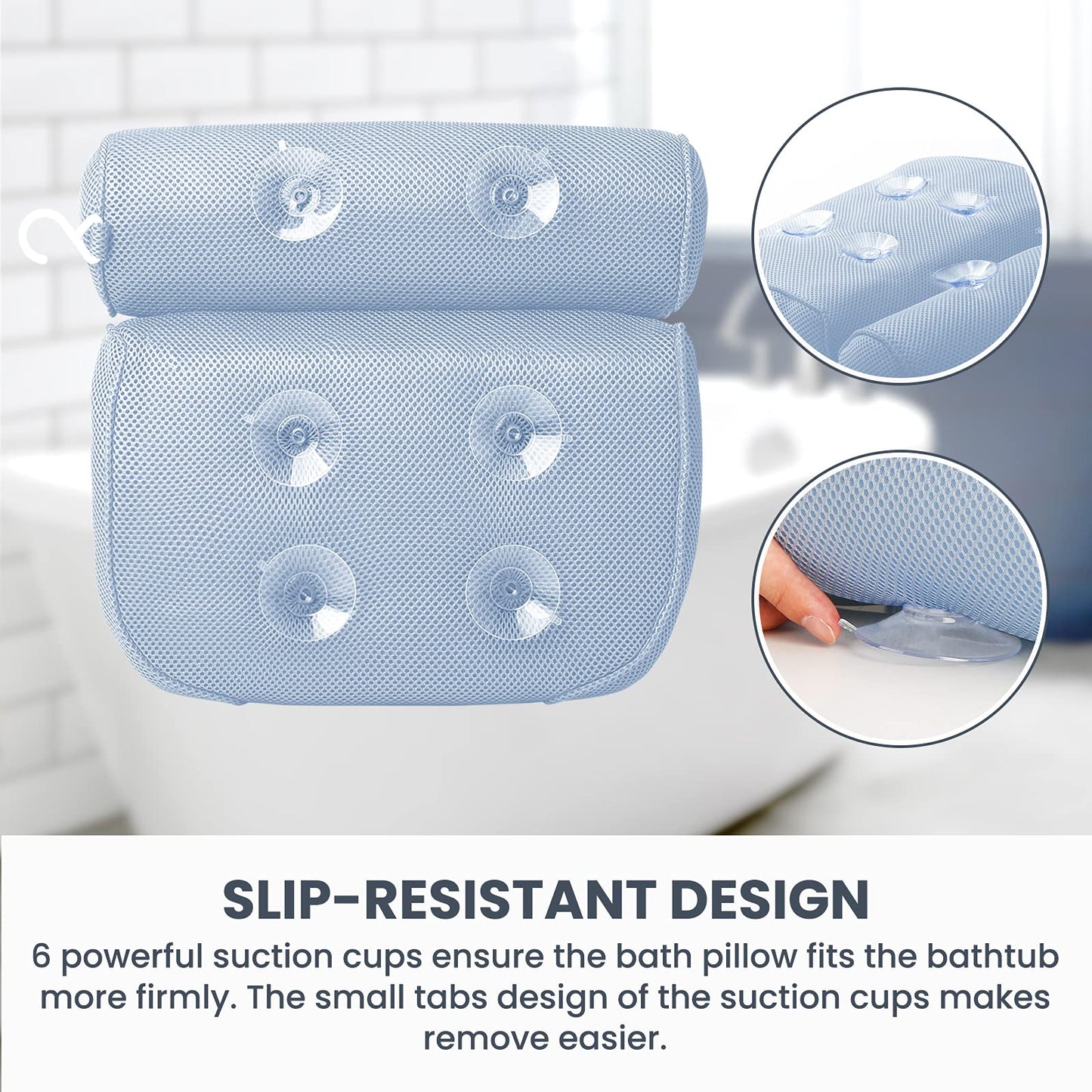 LuxStep Bath Pillow Bathtub Pillow with 6 Non-Slip Suction Cups,14.6x12.6 Inch, Extra Thick and Soft Air Mesh Pillow for Bath - Fits All Bathtub, Blue