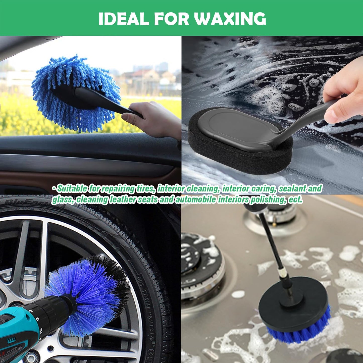 Yauhar 10Pcs Car Detailing Cleaning Tools Kit Contains Tire Dressing Sponge Brush, All Purpose Drill Brush Set Attachment and Microfiber Car Dash Duster Brush for Auto Care