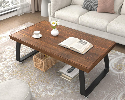 IBF Natural Wood Coffee Table, Rustic Solid Wood Center Table for Living Room, Rectangle Metal and Real Wooden Tea Table, Modern Industrial Minimalist Wooden Cocktail Tables, Rustic Brown, 47 Inch