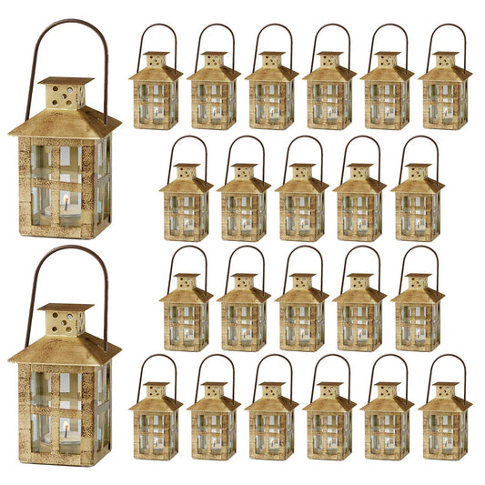 Kate Aspen Mini Decorative Lanterns - Set of 24 - Vintage Metal Lantern Candle Holders for Wedding Centerpiece, Home Decor and Party Favor (Gold)